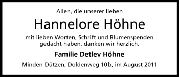 Anzeige von Hannelore Höhne von Mindener Tageblatt