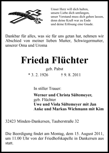 Anzeige von Frieda Flüchter von Mindener Tageblatt