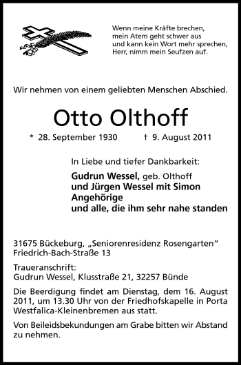 Anzeige von Otto Olthoff von Mindener Tageblatt