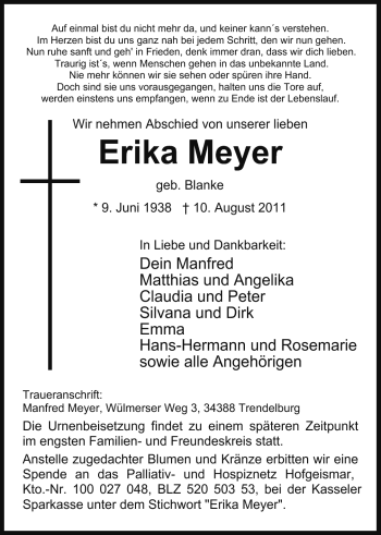 Anzeige von Erika Meyer von Mindener Tageblatt