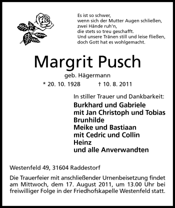 Anzeige von Margrit Pusch von Mindener Tageblatt