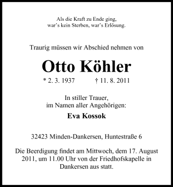 Anzeige von Otto Köhler von Mindener Tageblatt