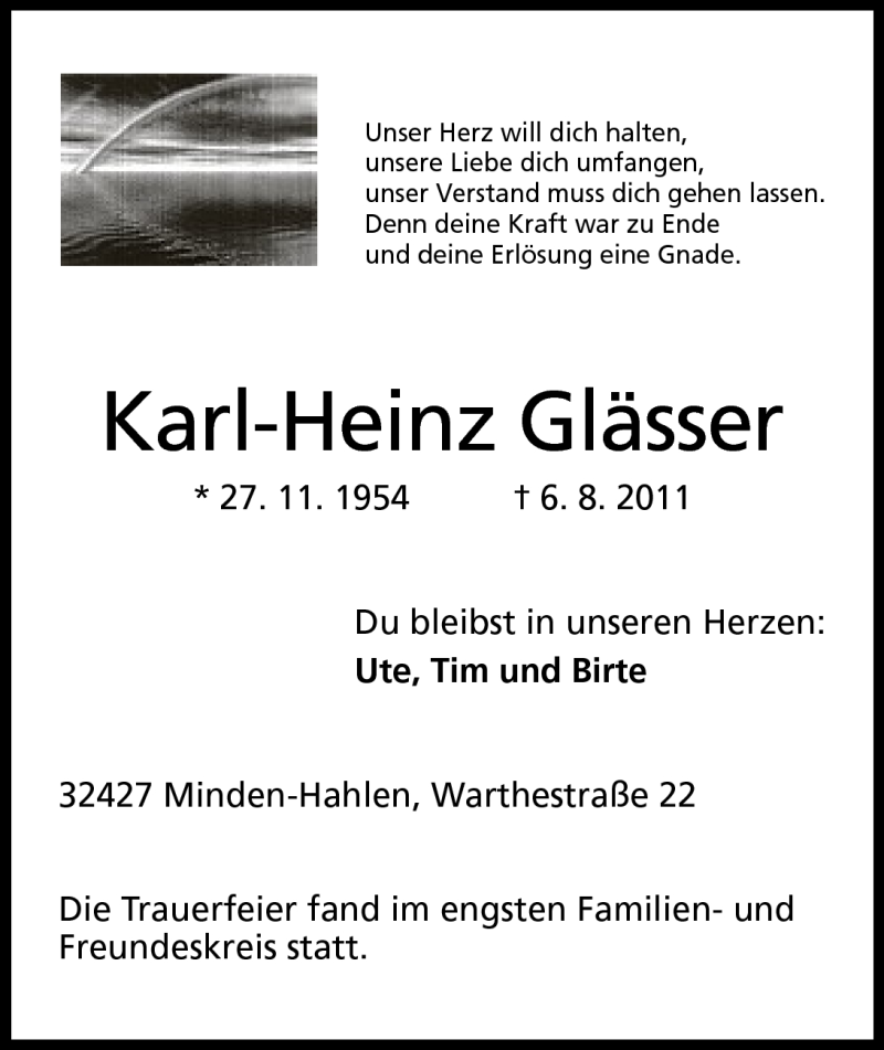  Traueranzeige für Karl-Heinz Glässer vom 13.08.2011 aus Mindener Tageblatt
