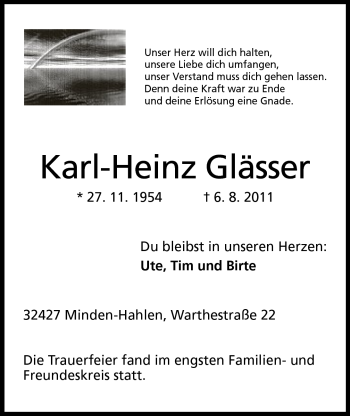 Anzeige von Karl-Heinz Glässer von Mindener Tageblatt