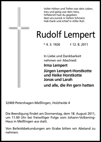 Anzeige von Rudolf Lempert von Mindener Tageblatt