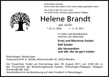 Anzeige von Helene Brandt von Mindener Tageblatt