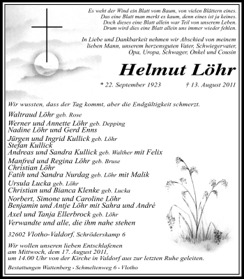 Anzeige von Helmut Löhr von Mindener Tageblatt