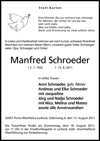 Anzeige von Manfred Schroeder von Mindener Tageblatt