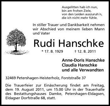 Anzeige von Rudi Hanschke von Mindener Tageblatt