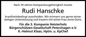 Anzeige von Rudi Hanschke von Mindener Tageblatt
