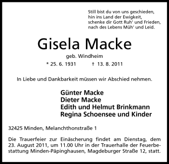 Anzeige von Gisela Macke von Mindener Tageblatt