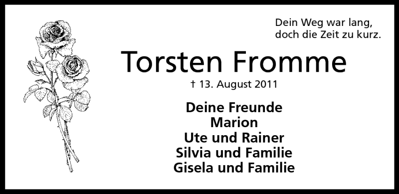  Traueranzeige für Torsten Fromme vom 17.08.2011 aus Mindener Tageblatt