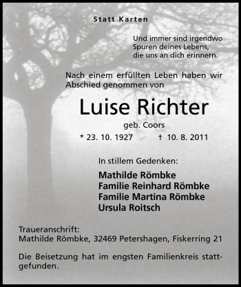 Anzeige von Luise Richter von Mindener Tageblatt