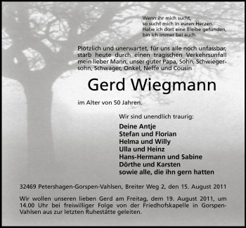 Anzeige von Gerd Wiegmann von Mindener Tageblatt