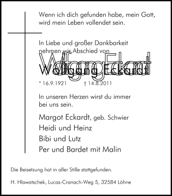 Anzeige von Wolfgang Eckardt von Mindener Tageblatt