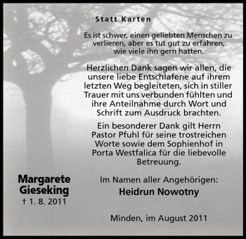 Anzeige von Margarete Gieseking von Mindener Tageblatt