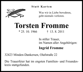 Anzeige von Torsten Fromme von Mindener Tageblatt