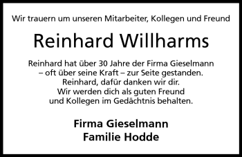 Anzeige von Reinhard Willharms von Mindener Tageblatt