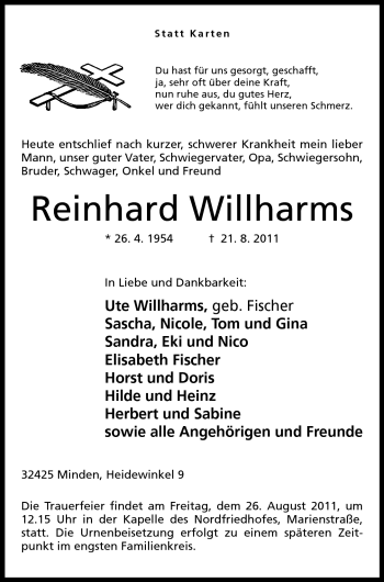 Anzeige von Reinhard Willharms von Mindener Tageblatt