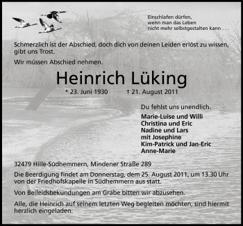 Anzeige von Heinrich Lüking von Mindener Tageblatt