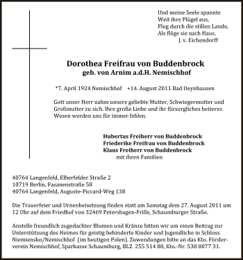 Anzeige von Dorothea Freifrau von Buddenbrock von Mindener Tageblatt