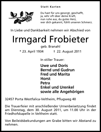 Anzeige von Irmgard Frobieter von Mindener Tageblatt