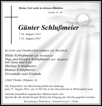Anzeige von Günter Schlußmeier von Mindener Tageblatt