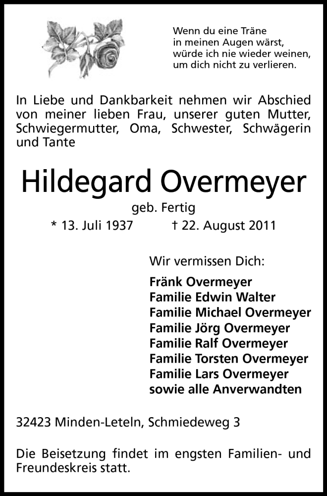  Traueranzeige für Hildegard Overmeyer vom 25.08.2011 aus Mindener Tageblatt