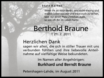Anzeige von Berthold Braune von Mindener Tageblatt