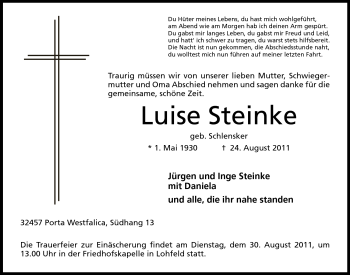 Anzeige von Luise Steinke von Mindener Tageblatt