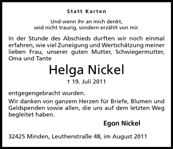 Anzeige von Helga Nickel von Mindener Tageblatt