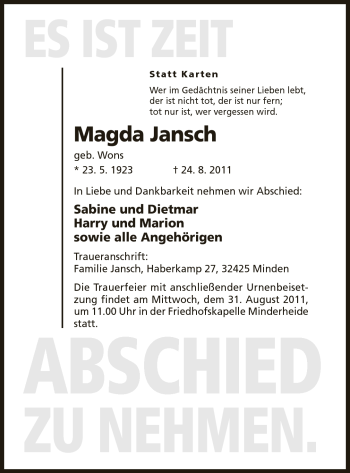 Anzeige von Magda Jansch von Mindener Tageblatt