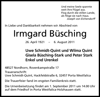 Anzeige von Irmgard Büsching von Mindener Tageblatt