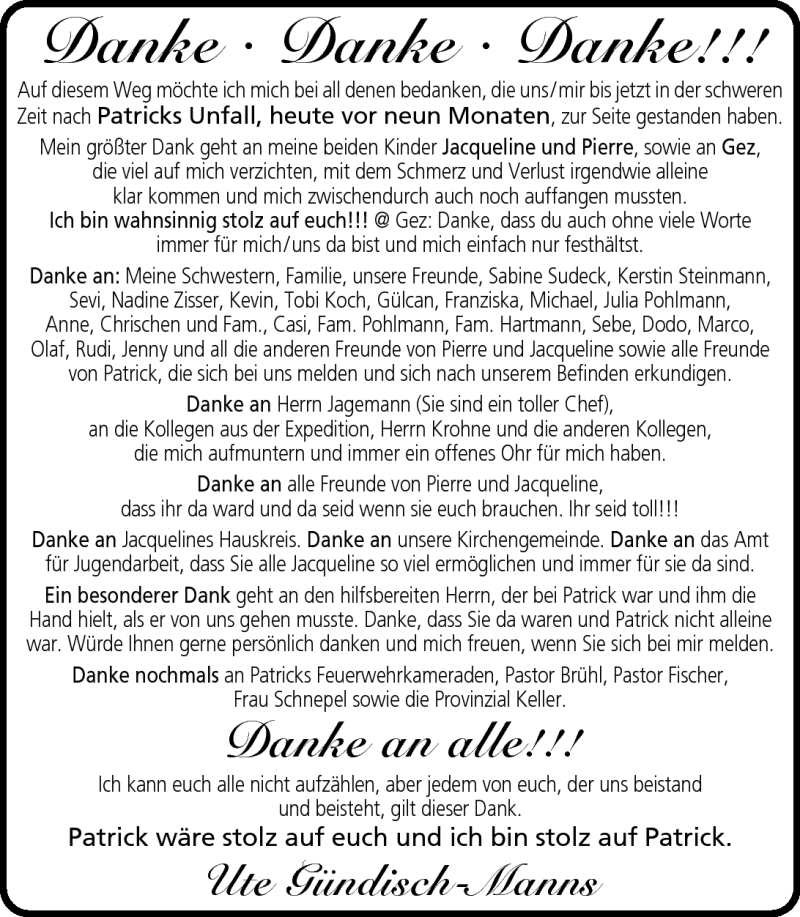 Traueranzeige für Patrick Gündisch vom 17.09.2011 aus Mindener Tageblatt
