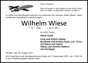 Anzeige von Wilhelm Wiese von Mindener Tageblatt