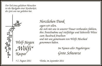 Anzeige von Wolf-Jürgen Kaspar von Mindener Tageblatt