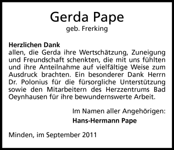Anzeige von Gerda Pape von Mindener Tageblatt