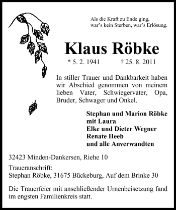 Anzeige von Klaus Röbke von Mindener Tageblatt