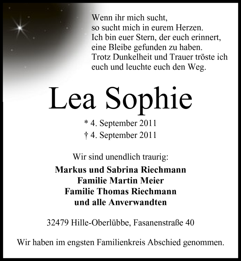  Traueranzeige für Lea Sophie Riechmann vom 10.09.2011 aus Mindener Tageblatt