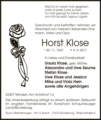 Anzeige von Horst Klose von Mindener Tageblatt