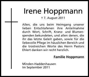 Anzeige von Irene Hoppmann von Mindener Tageblatt