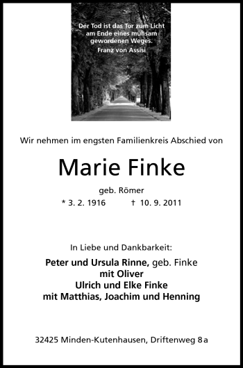 Anzeige von Marie Finke von Mindener Tageblatt