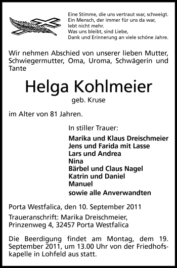 Anzeige von Helga Kohlmeier von Mindener Tageblatt