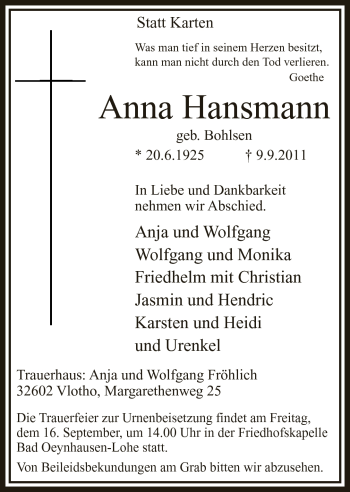 Anzeige von Anna Hansmann von Mindener Tageblatt