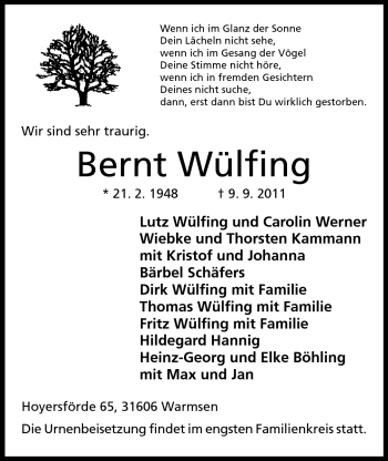 Anzeige von Bernt Wülfing von Mindener Tageblatt