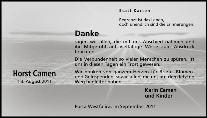  Traueranzeige für Horst Camen vom 17.09.2011 aus Mindener Tageblatt