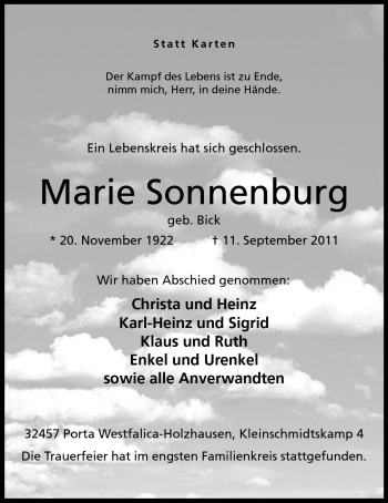 Anzeige von Marie Sonnenburg von Mindener Tageblatt