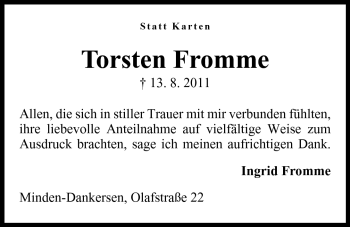 Anzeige von Torsten Fromme von Mindener Tageblatt
