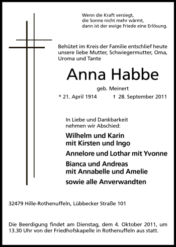 Anzeige von Anna Habbe von Mindener Tageblatt