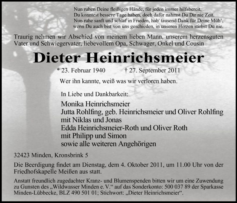  Traueranzeige für Dieter Heinrichsmeier vom 29.09.2011 aus Mindener Tageblatt